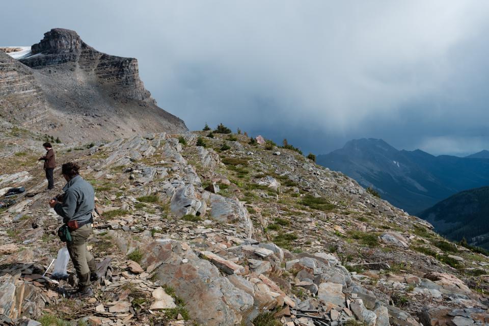 Two geologists standing on a rock outcropping on a mountain with storm clouds visible in the valley.