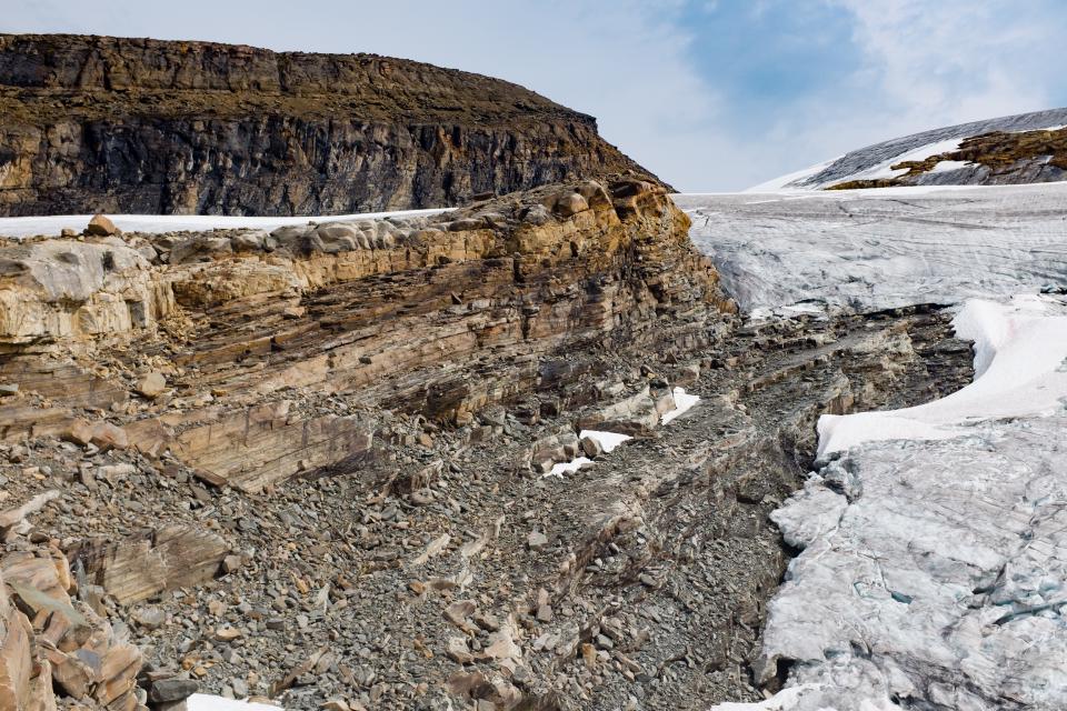 Ediacaran strata exposed by the retreat of glaciers on Salient Mountain.